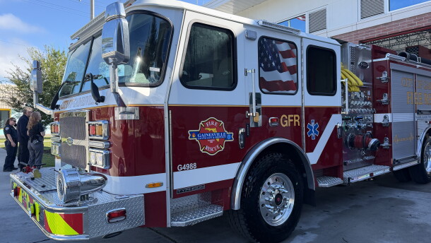 Gainesville Fire Rescue’s new Engine 1 sits outside Station 1 on Thursday, Sept. 24, 2026. (Genesis Trujillo/WUFT News)
