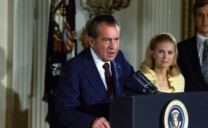 President Richard Nixon's farewell to his cabinet and members of the White House staff.