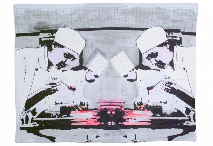 “Saucing the Plate,” digital print on cotton fabric, hand painted, machine and hand stitched, 40″ x 38″ by Susan Callahan.