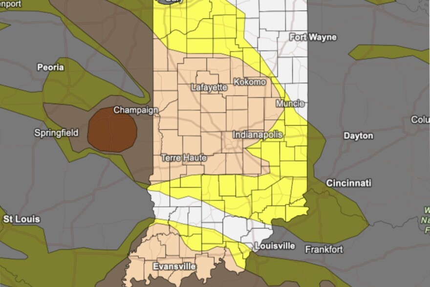 Areas in orange are experiencing moderate drought; areas in yellow are abnormally dry.