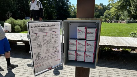 An outdoor box in Northampton, Massachusetts, can fit up to nine packages of Narcan, each containing two doses of the overdose-reversal drug.