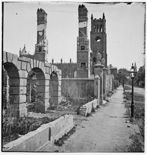 Charleston, South Carolina, 1865. Broad street, looking east with the ruins of Cathedral of St. John and St. Finbar.