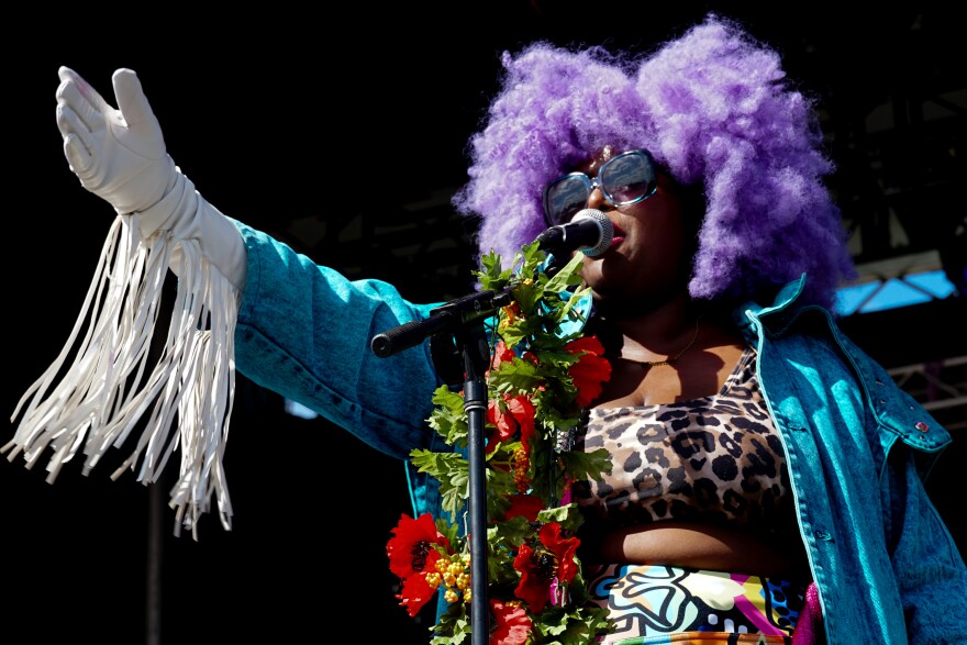 Kam Franklin, a vocalist with The Suffers, belts out a note on Saturday, Sept. 9, 2023, during the Music at the Intersection festival in Grand Center.