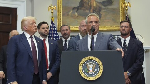 Health and Human Services Secretary Robert F. Kennedy Jr. speaks as President Donald Trump, from left, Vice President JD Vance, Cody Campbell, WWE CCO Triple H and professional golfer Bryson DeChambeau listen during an event for the signing of an executive order restarting the Presidential Fitness Test in public schools, Thursday, July 31, 2025, in the Roosevelt Room of the White House in Washington. (AP Photo/Jacquelyn Martin)