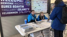 Jack and Kathy Timm of Wasilla volunteer at the Curt Menard Memorial Sports Arena during the 2024 Arctic Winter Games in the Matanuska-Susitna Borough.