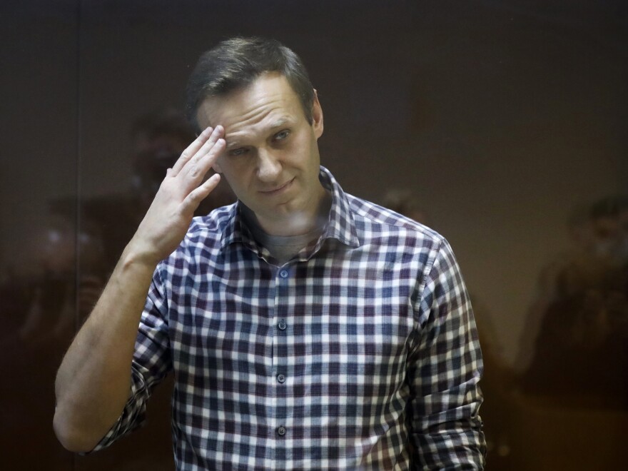 Russian opposition leader Alexei Navalny, shown here in a February court session, reportedly has lost more than 30 pounds since his arrest.