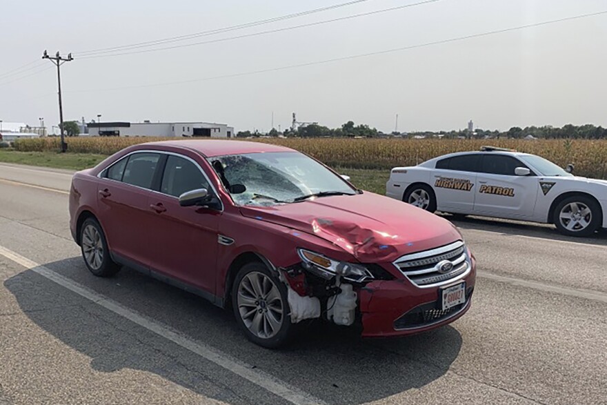 This photo shows the car that South Dakota Attorney General Jason Ravnsborg was driving on Sept. 12, 2020 when he struck and killed a pedestrian. Secretary of Public Safety Craig Price said Monday, Nov. 2, 2020, that Ravnsborg was distracted before he drove onto a highway shoulder where he struck and killed 55-year-old Joe Boever.