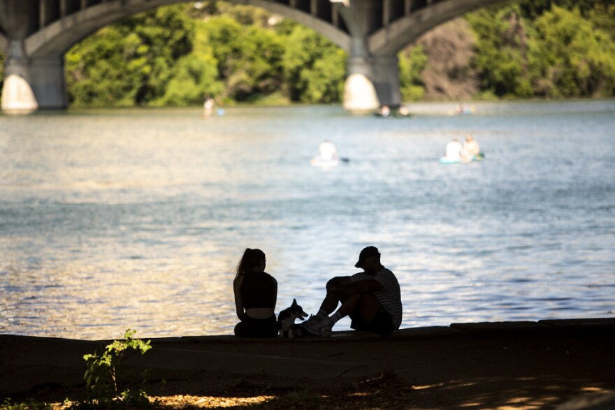 A duck-shaped water vessel, pictured through a tunnel of tree limbs and vegetation along the side of Lady Bird Lake, drifts across the water surface on a July afternoon. 