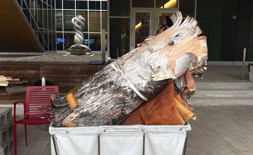 Ron J. Paquin, his apprentices and volunteers building the birch canoe.