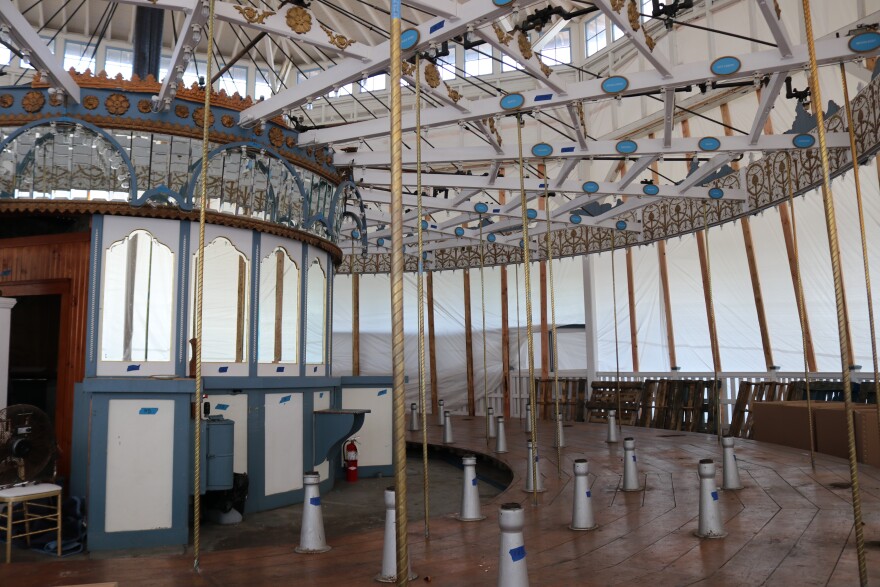 The historic porcelain horses have been removed from the carousel during construction.