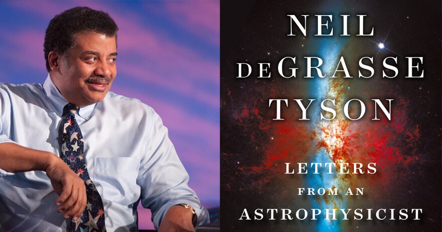 Neil deGrasse Tyson's picture and the cover of his new book "Letters from an Astrophysicist" with Cool Science Friday