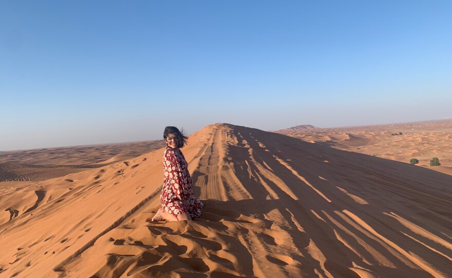 Lobna Zobeidat in the desert outside Dubai. She is a Palestinian Arab citizen of Israel who was able to visit a part of the Arab world that had previously been off limits to her as an Israeli passport holder. "It was a dream, an impossible dream," Zobeidat said.