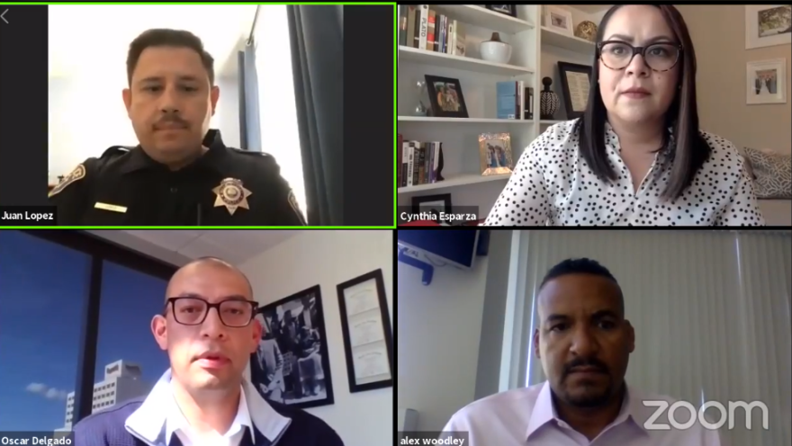 A screenshot of the Zoom video call with Councilmember Oscar Delgado, Sergeant Juan López, Cynthia Esparza and Alex Woodly from the city’s neighborhood services department.