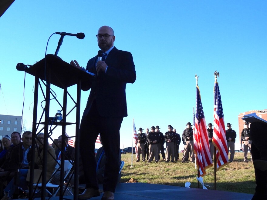Graves County Judge-Executive Jesse Perry speaks during the groundbreaking ceremony for the new courthouse building in Mayfield on Monday, Dec. 11, 2023.