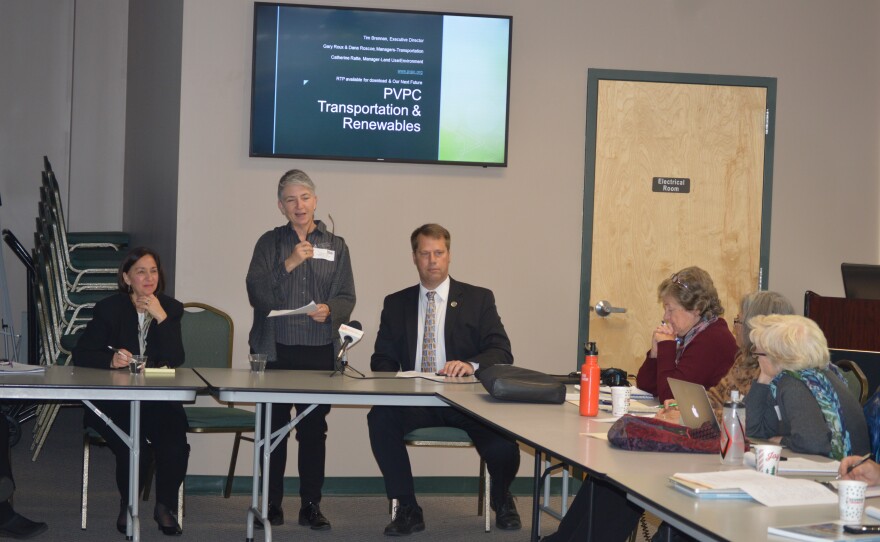 Amherst Sustainability Coordinator Stephanie Ciccarello, left, Pioneer Valley Planning Commission Principal Planner Catherine Ratte and Northampton Mayor David Narkiewicz speak at a PVPC renewable energy forum in Springfield.