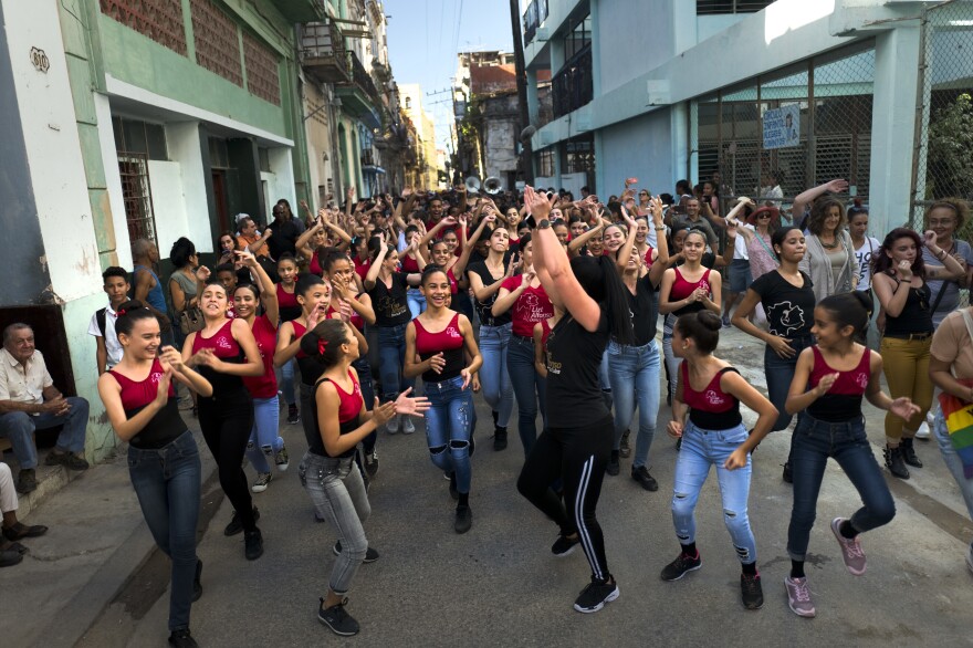 Members of the ballet and dance company Lizt Alfonso Dance Cuba perform on the streets of Old Havana.