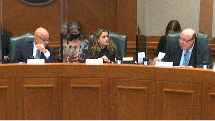 State Sen. Juan "Chuy" Hinojosa (on right) explains SB 281 a bill to ban forensic hypnosis at the Texas Senate Committee on Criminal Justice