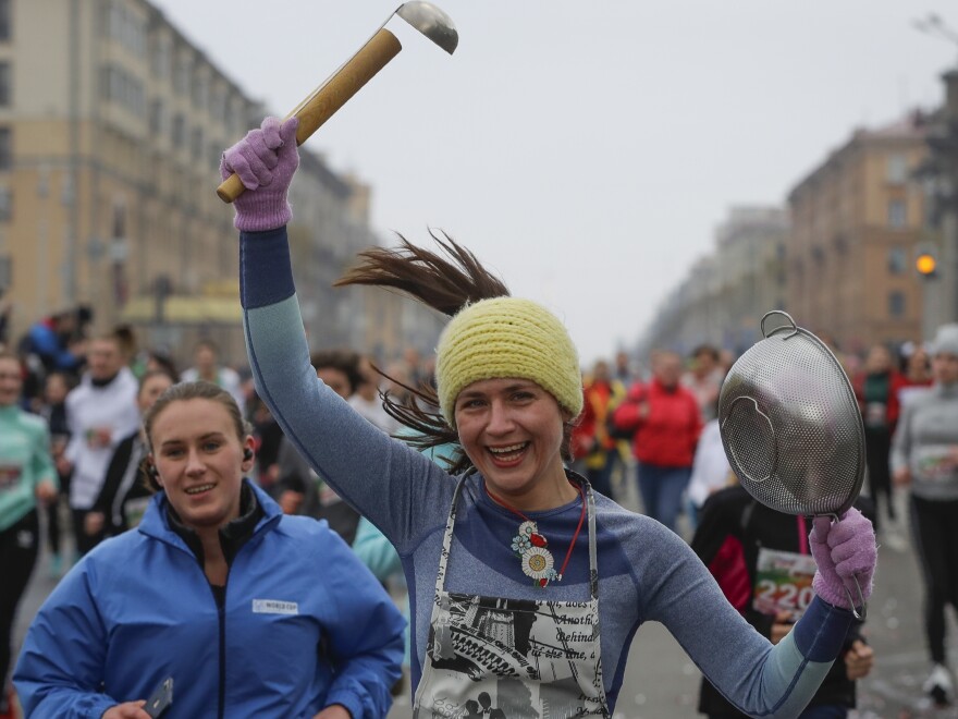 Participants take part in the women's "Beauty Run" in Minsk, Belarus, Sunday. Five thousand participants took part in the event in connection with International Women's Day, which is an official holiday in Belarus.