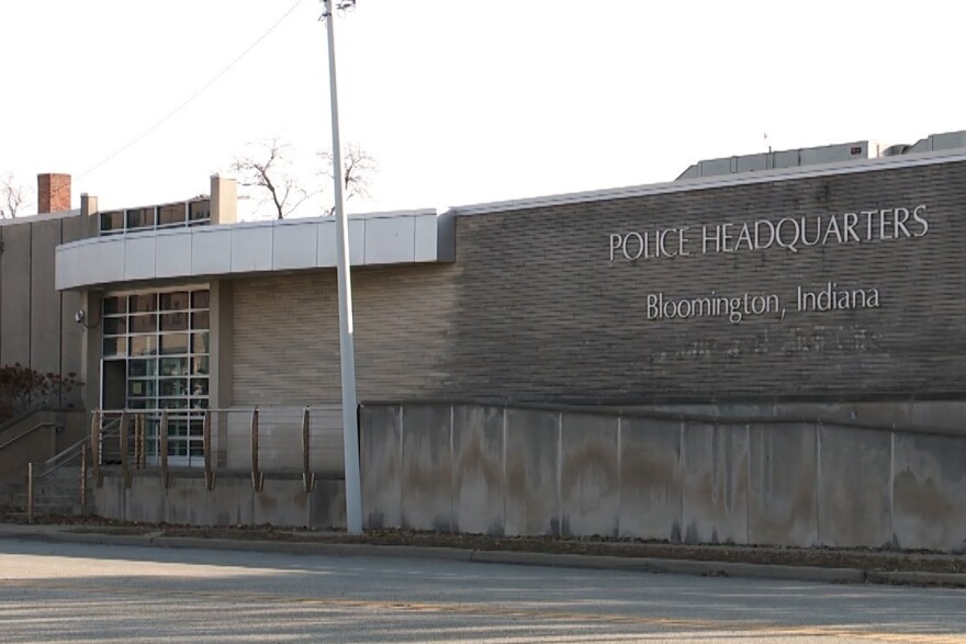 The exterior of the Bloomington Police Department. The sign says "POLICE HEADQUARTERS Bloomington, Indiana" 
