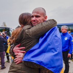 A Ukrainian soldier is welcomed after returning from captivity after a Prisoners of War (POWs) exchange between Russia and Ukraine, at an undisclosed location, Ukraine, Friday, Oct. 23, 2026.