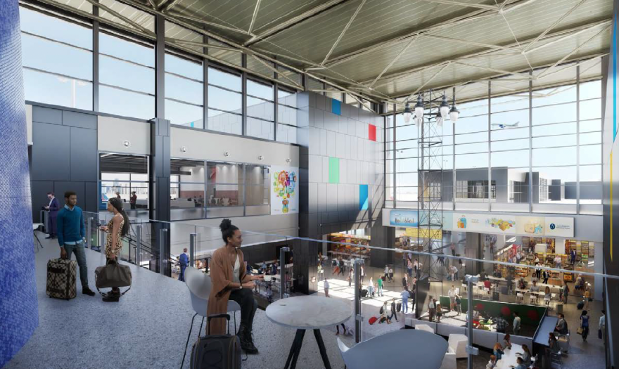 An illustration from the mezzanine view looking down on the newly expanded terminal. A woman is sitting on a chair holding a cup of coffee while overlooking the travelers down below. A plane can be seen in flight through the window.