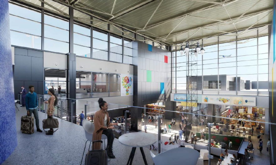 An illustration from the mezzanine view looking down on the newly expanded terminal. A woman is sitting on a chair holding a cup of coffee while overlooking the travelers down below. A plane can be seen in flight through the window. 