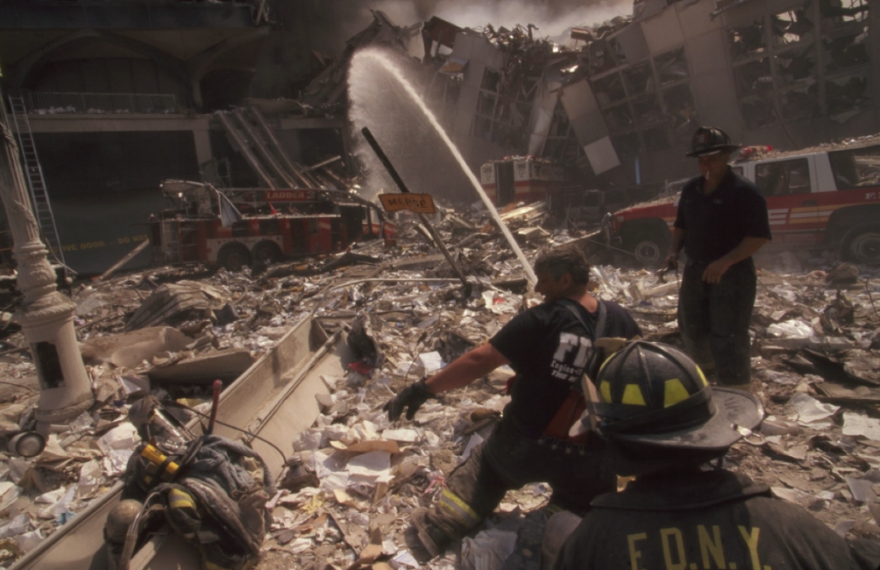 The September 11th terrorist attack on the World Trade Center, New York City.