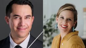 Gabe Lefkowitz in a suit holds a conducting baton; Emily Albrink soprano wearing a yellow shirt