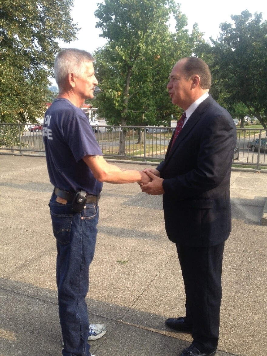 Gov. Tomblin shakes hands with Frank Kennedy, Training Officer for the WV Department of Homeland Security and Emergency Management