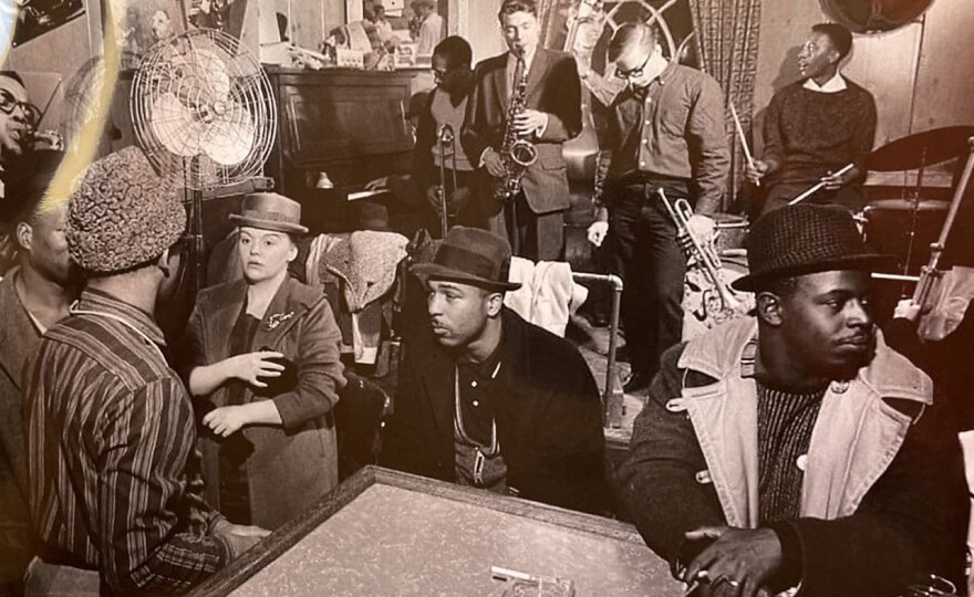 photo of photo of a bustling scene in a jazz club in the '50s