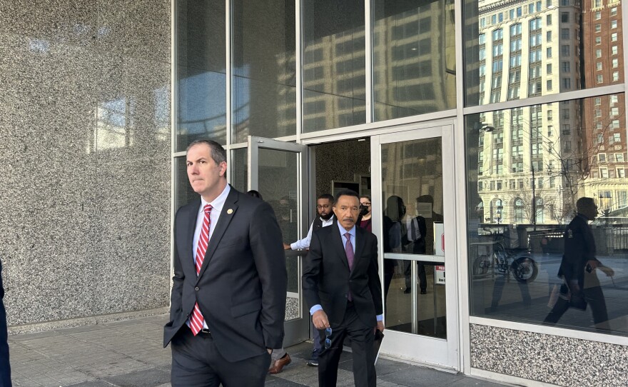 From left to right: Maryland Reps. Johnny Olszewski and Kweisi Mfume exit an ICE detention facility in Baltimore on Monday, March 9, 2026.