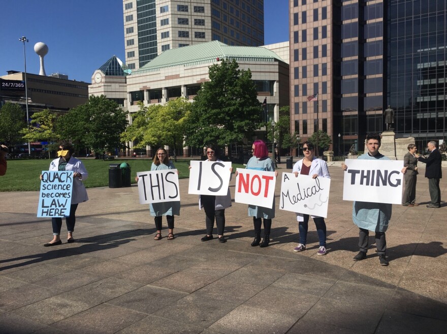 Opponents of abortion bills protest at Ohio Statehouse in May 2019.jpg