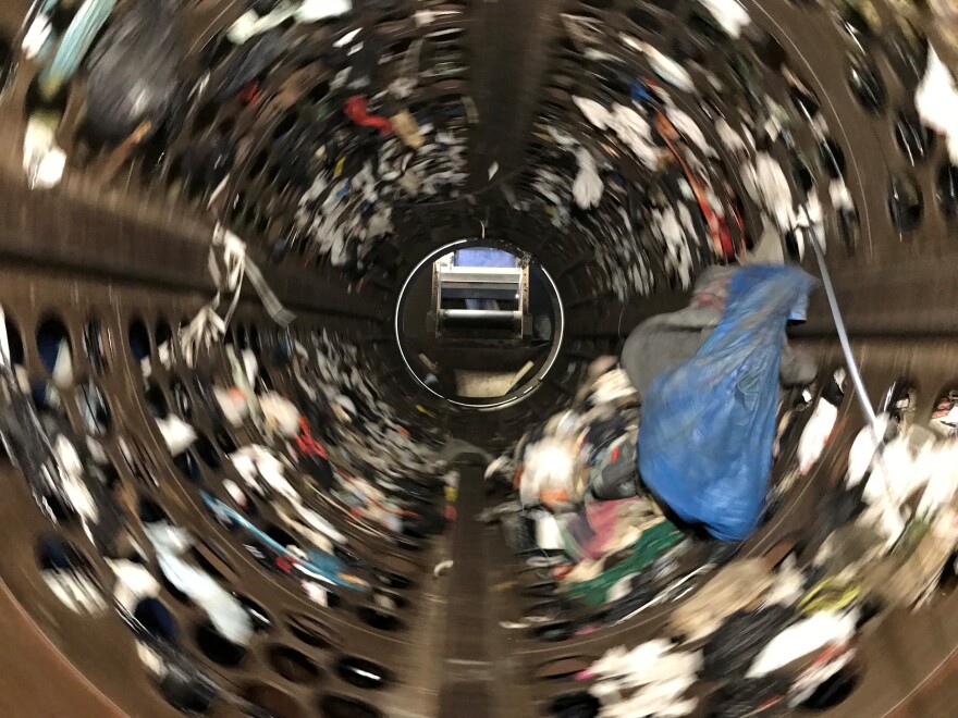 Garbage is spun inside a trommel for washing and sorting.