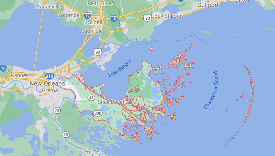 A map of St. Bernard Parish in Louisiana (in red).