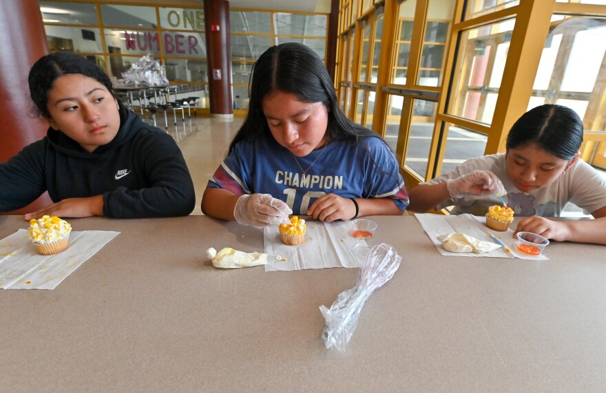 Alondra Llangari, Kiara Llangari and Jimena Quizhpi finish decorating their cupcakes with food dye.
