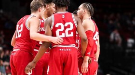 Indiana huddles during its NCAA Tournament game against St. Mary's Thursday night in Portland.