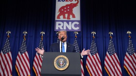 President Donald Trump speaks on stage during the first day of the RNC convention, Monday, Aug. 24, 2020, in Charlotte.