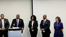 From left to right: State Rep. Ronald Stewart, attorney Damario Solomon-Simmons, freedmen descendants Rhonda Grayson, Jeffrey Kennedy, and Sharon Lenzy-Scott gather at The Root Coworking on Tuesday, July 9, 2024.