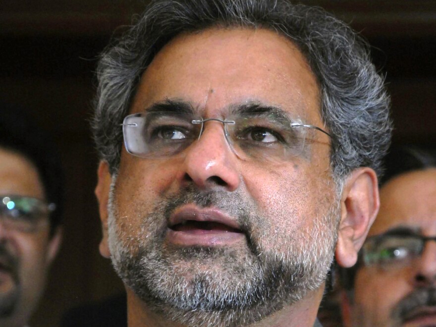 Pakistan's premier-designate Shahid Khaqan Abbasi speaks to media on Sunday.