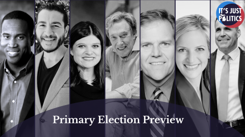 Monochromatic images of U.S. Senate and Michigan Gubernatorial primary candidates are equally spaced out. From left, John James, Abdul El-Sayed, Haley Stevens, Perry Johnson, Mike Rogers, Jocelyn Benson, and Chris Swanson. In front of the images is a semi-transparent, half circle with the words "Primary Election Preview" in white letters. In the top right corner is the It's Just Politics logo.