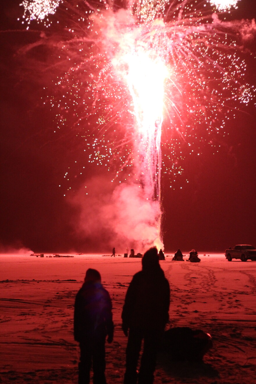 Spectators gathered on the sea ice of the Kotzebue Sound to watch the fireworks display on Jan. 1, 2020. 