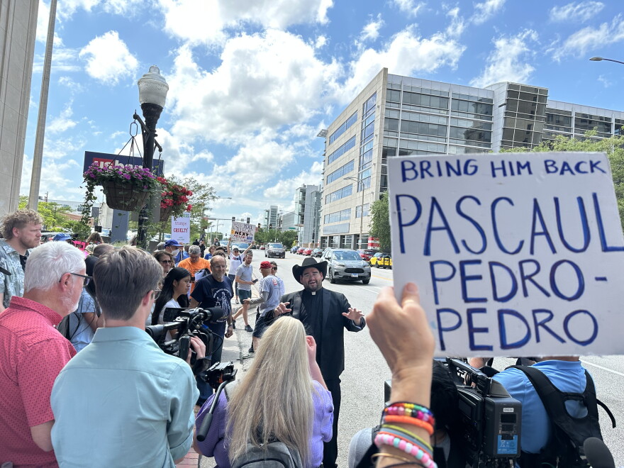 Protesters rally outside the Davenport offices of Congresswoman Mariannette Miller-Meeks and U.S. Senators Joni Ernst and Chuck Grassley. Members of Pedro Pedro's family met with congressional staff, not the representatives.