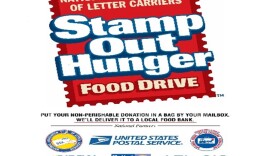 A promotional collage of a red stamp that says, "Stamp Out Hunger Food Drive," with logos of participating organizations along the bottom.