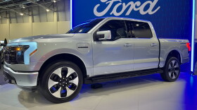A Ford F-150 Lightning on display at the DeVos Place Convention Center in Grand Rapids, Mich., during the 2022 Michigan International Autoshow