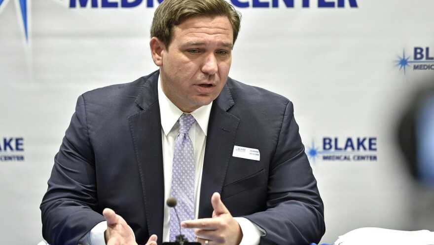 Florida Gov. Ron DeSantis speaks July 11 during a COVID-19 press conference at Blake Medical Center in Bradenton