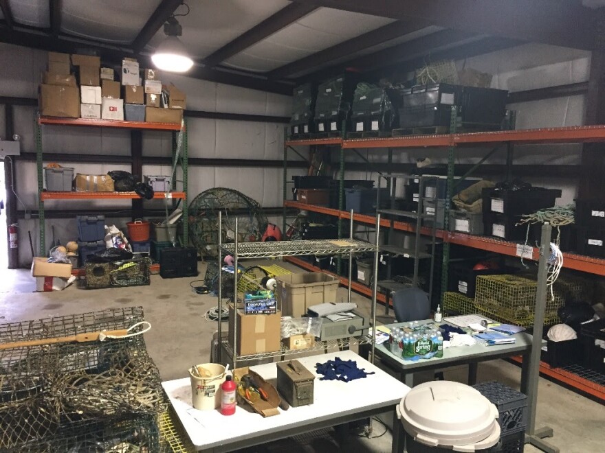 A NOAA spokesperson provides a photo that offers a look inside the warehouse in Rhode Island, where gear pulled off of whales is stored and analyzed.