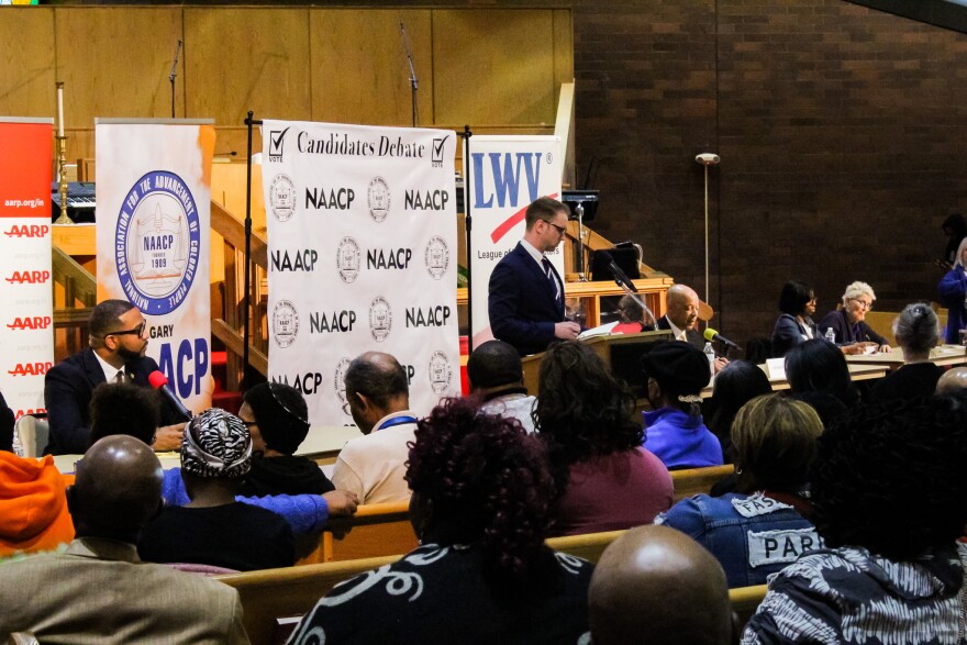 State Senator Eddie Melton, left, moderator Tom Maloney, center, and Mayor Jerome Prince, right, participate in the Democratic Primary race for Mayor of Gary, on Thursday, April 6, 2023 at St. Timothy's Church in Gary, IN.