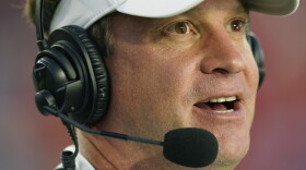 Mississippi head coach Lane Kiffin participates in a televised interview following his team's 31-17 win over LSU during an NCAA college football game in Oxford, Miss., Saturday, Oct. 23, 2021. (AP Photo/Rogelio V. Solis)