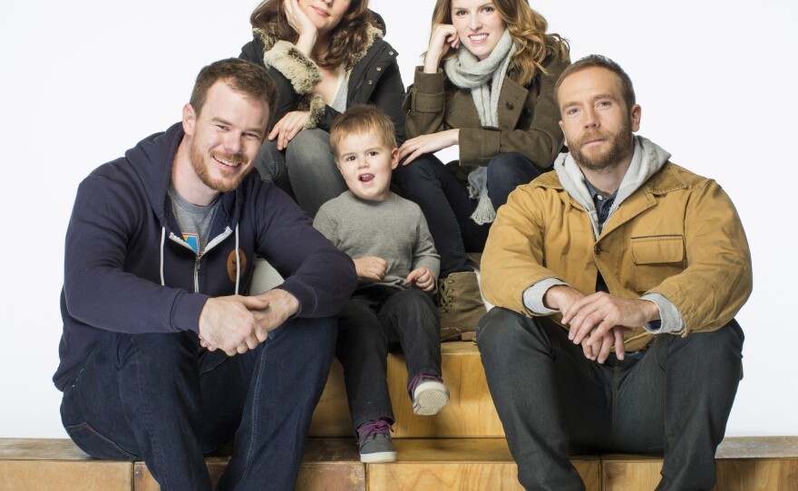 From left: Joe Swanberg, Melanie Lynskey, Jude Swanberg (center), Anna Kendrick and Mark Webber — the cast of <em>Happy Christmas</em>.