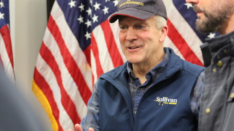 Republican U.S. Sen. Dan Sullivan talks to attendees at a rally on Saturday, Oct. 17, 2026 in Kenai, Alaska.
